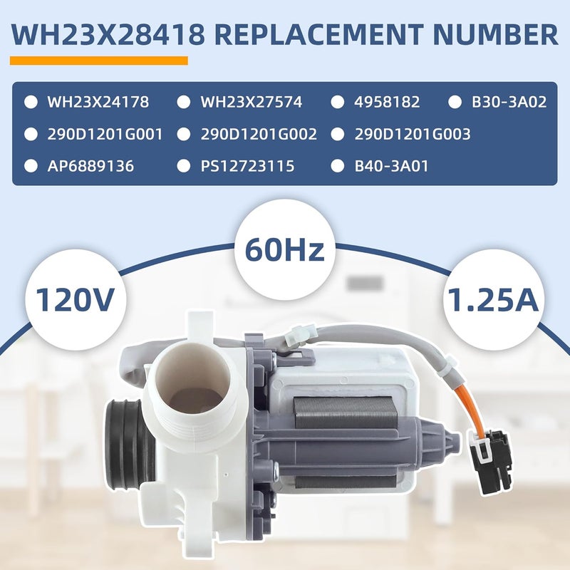 Fetechmate WH23X28418 290d1201g003 290d1201g001 Washer Drain Pump & Motor Assembly Replacement Compatible with G-E Hot-point Washers, Replace WH23X24178 WH23X27574 B40-3A01 B30-3A02 By - Image 2